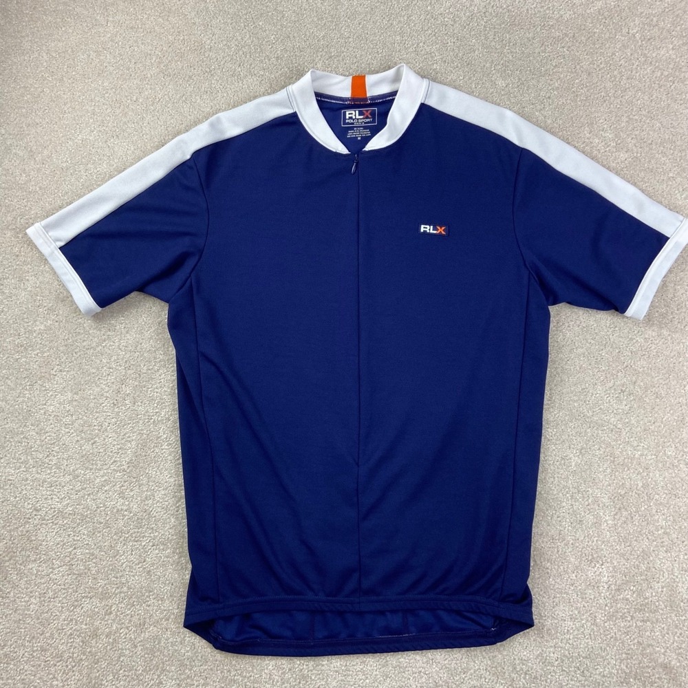 RLX Polo Sport Cycling Jersey Mens Medium Blue White Quarter Zip Bike Shirt